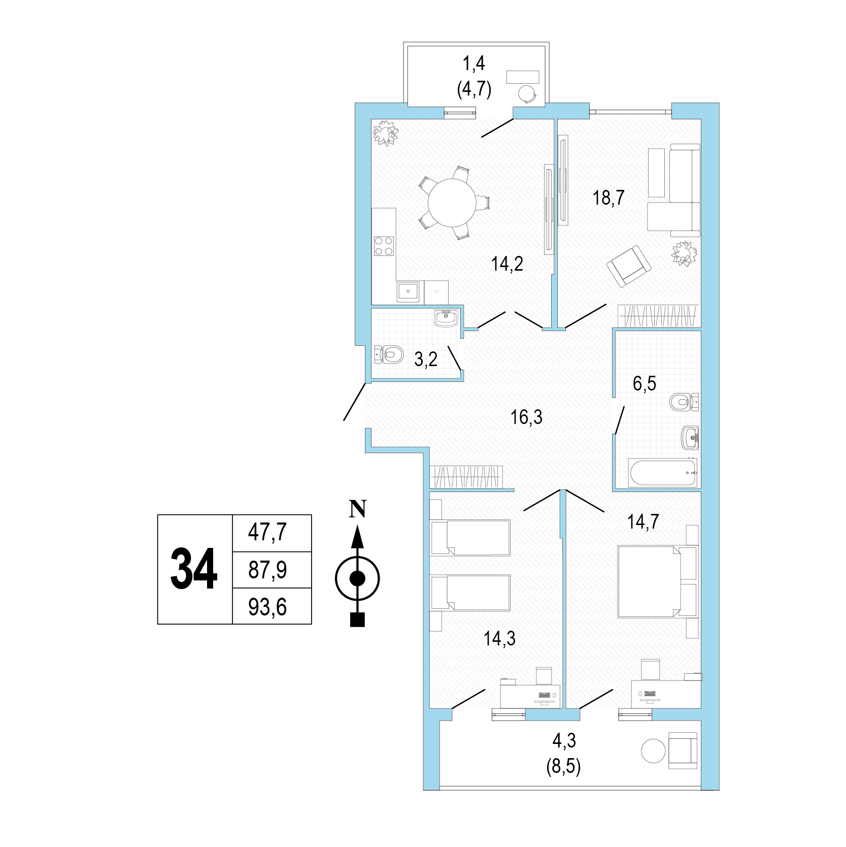 Трёхкомнатная квартира №34 фото