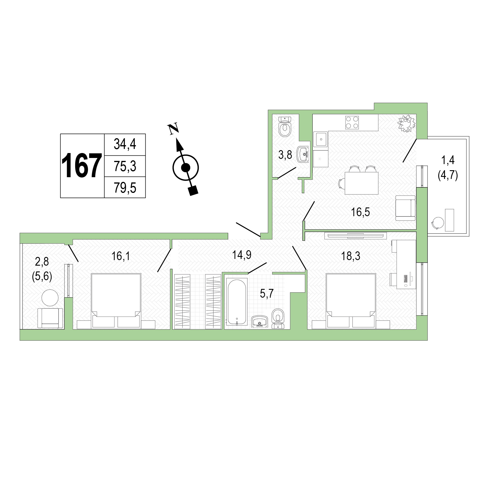 Двухкомнатная квартира №167 фото