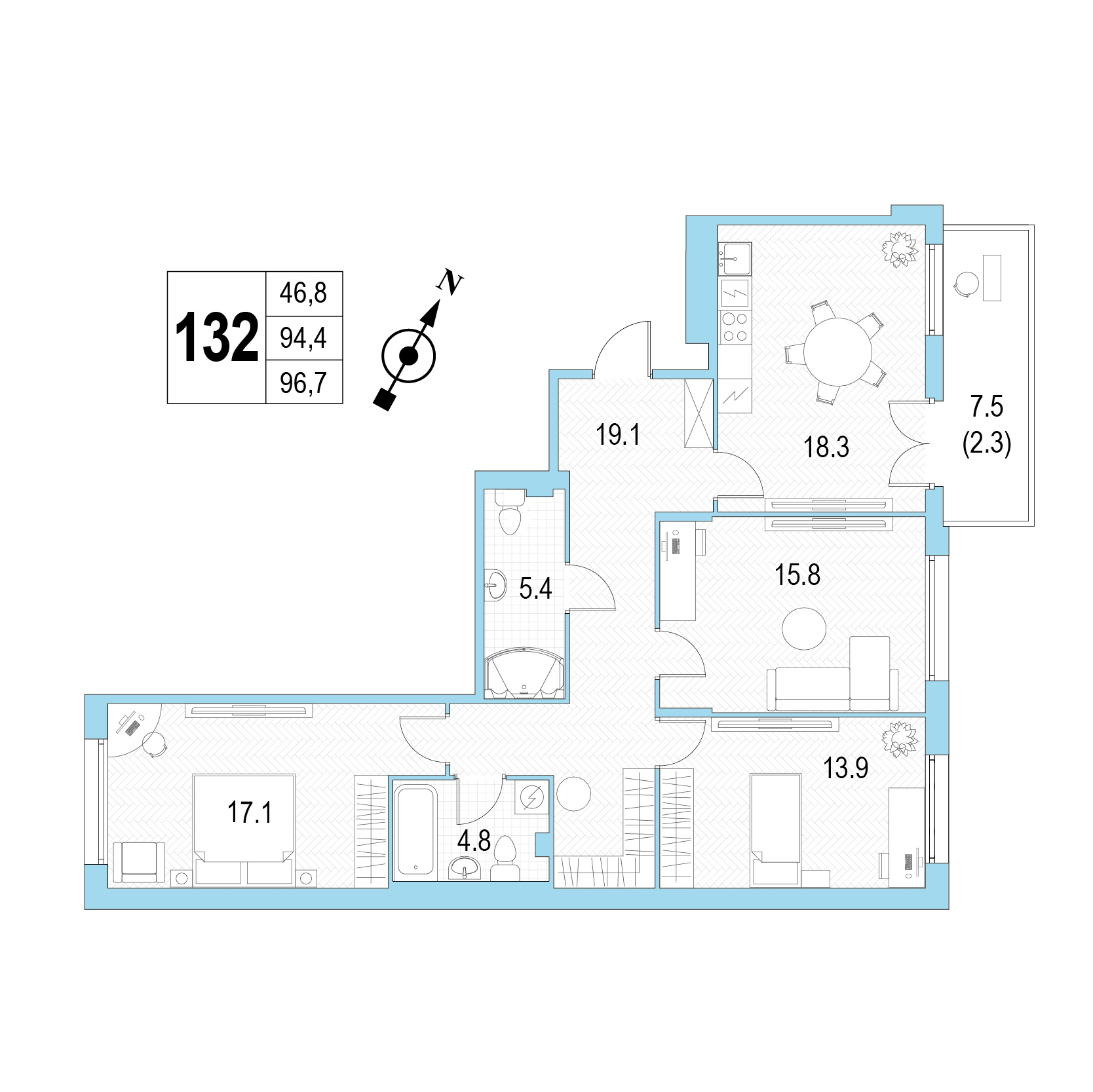 Трёхкомнатная квартира №132 фото