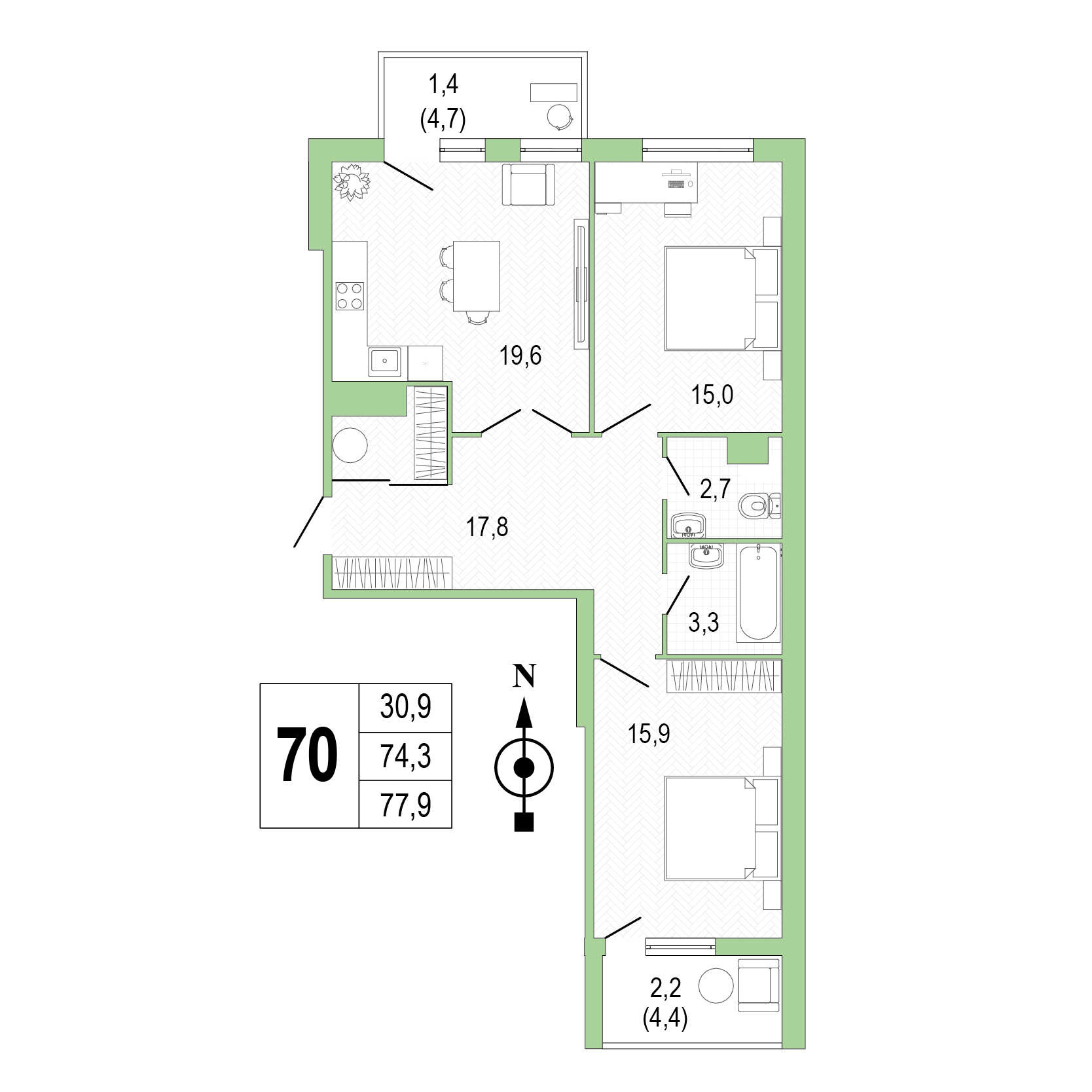 Двухкомнатная квартира №70 фото