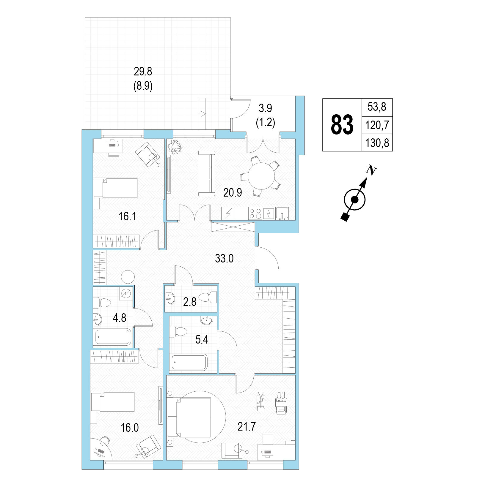 Трёхкомнатная квартира №83 фото