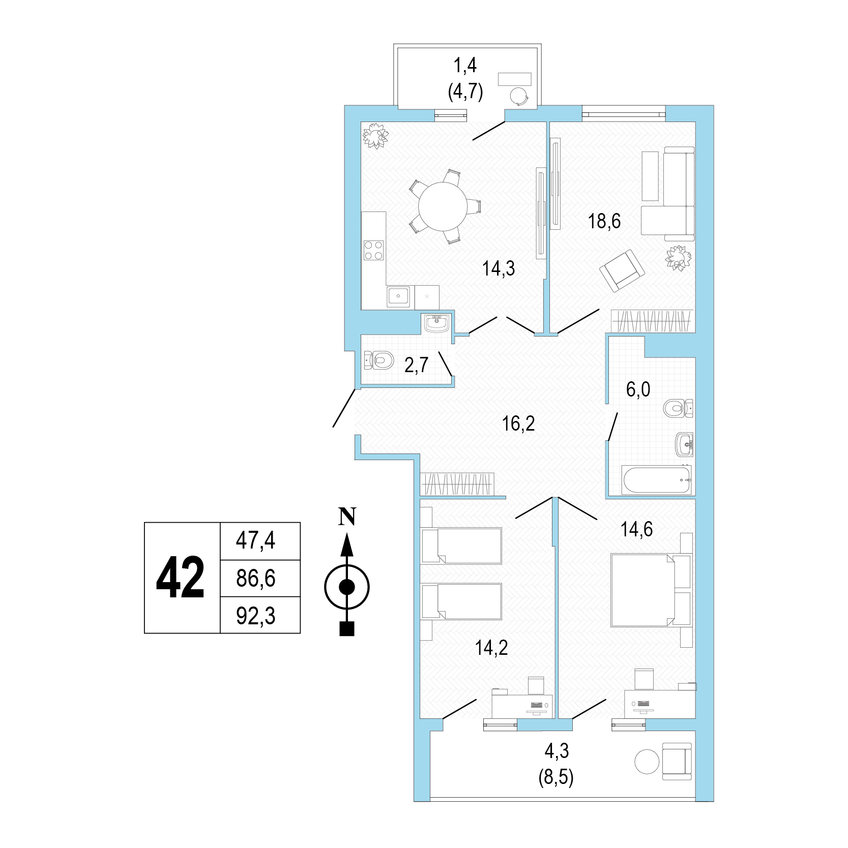 Трёхкомнатная квартира №42 фото