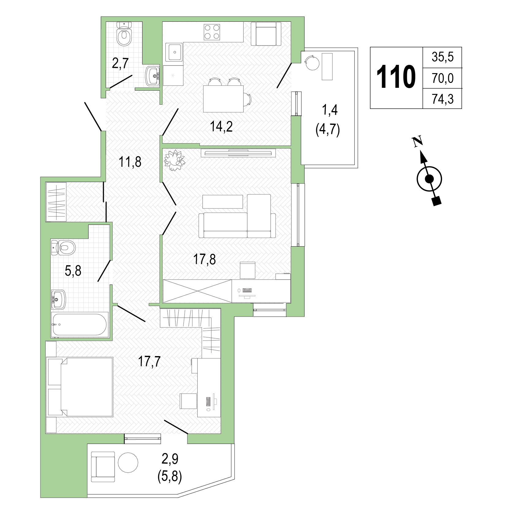 Двухкомнатная квартира №110 фото