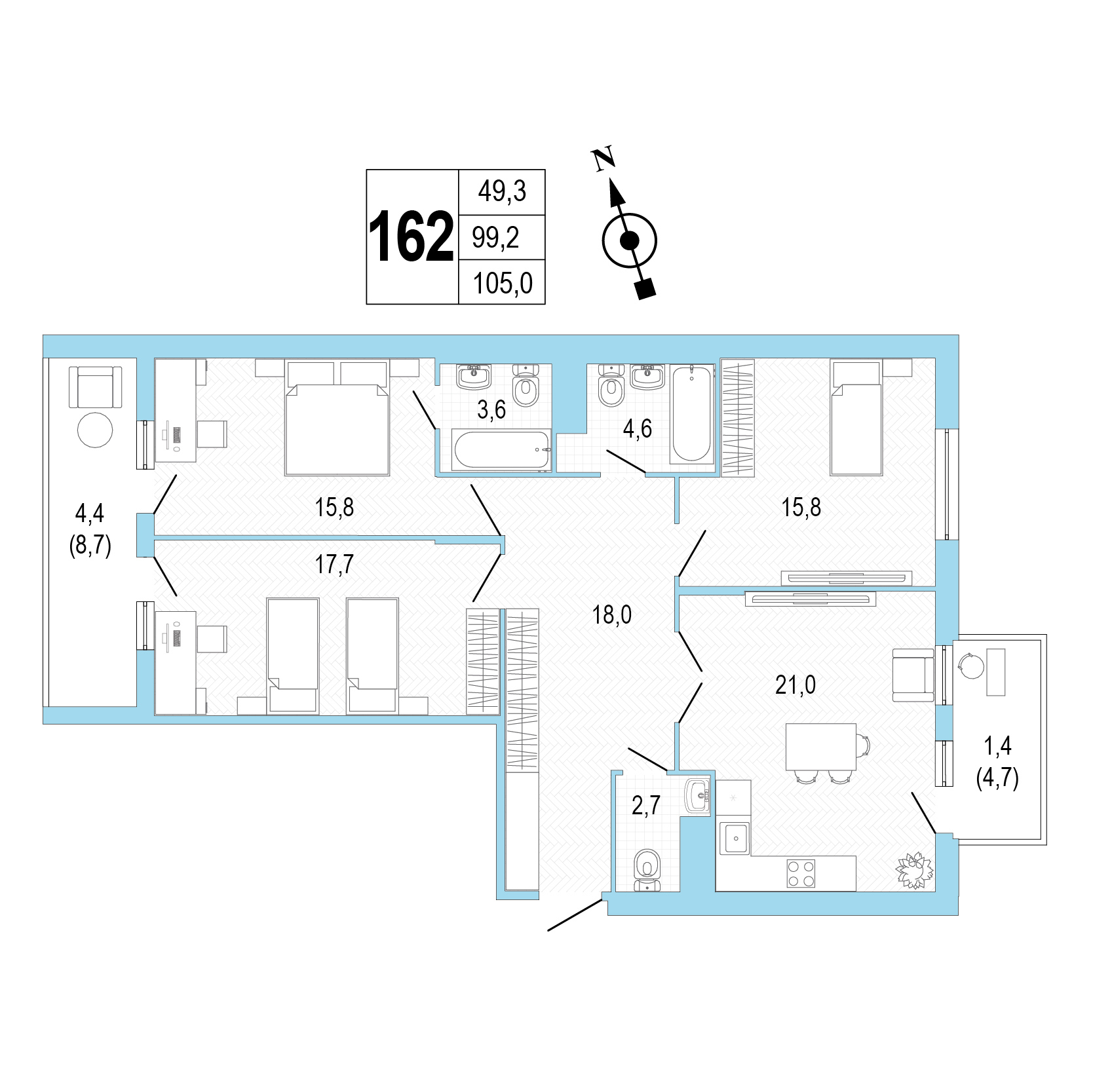 Трёхкомнатная квартира №162 фото
