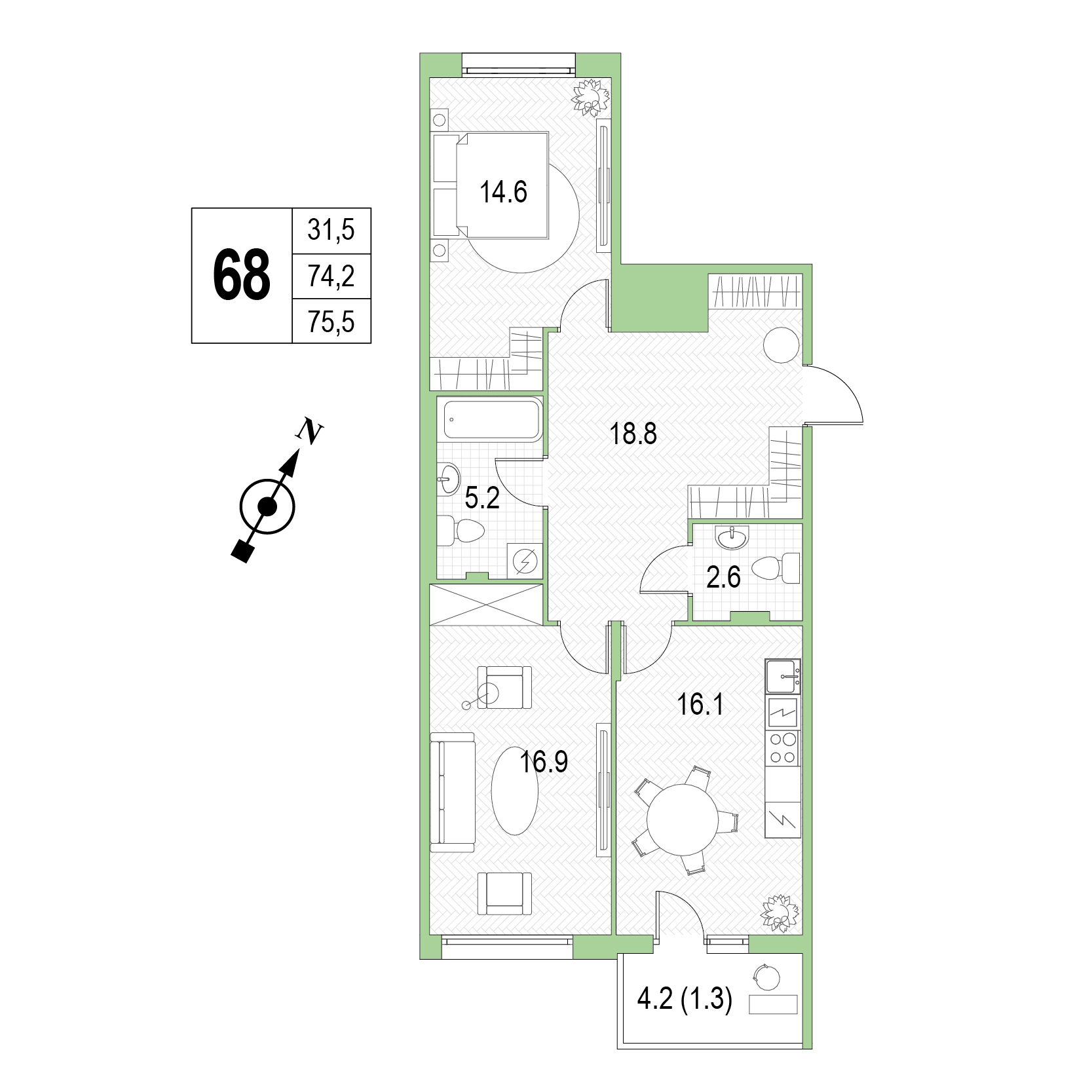 Двухкомнатная квартира №68 фото