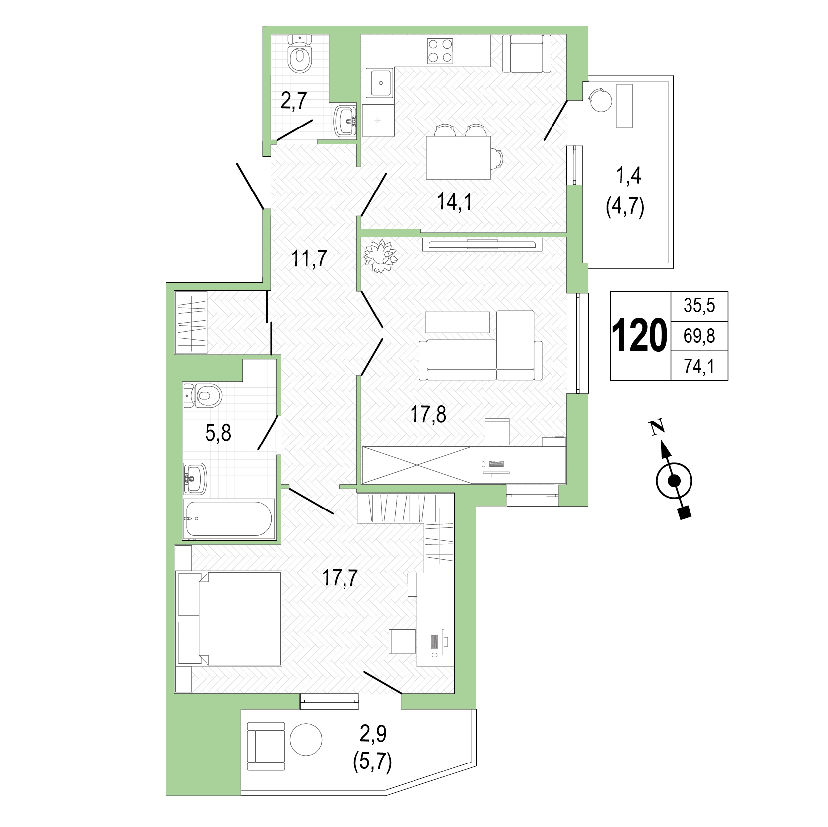 Двухкомнатная квартира №120 фото