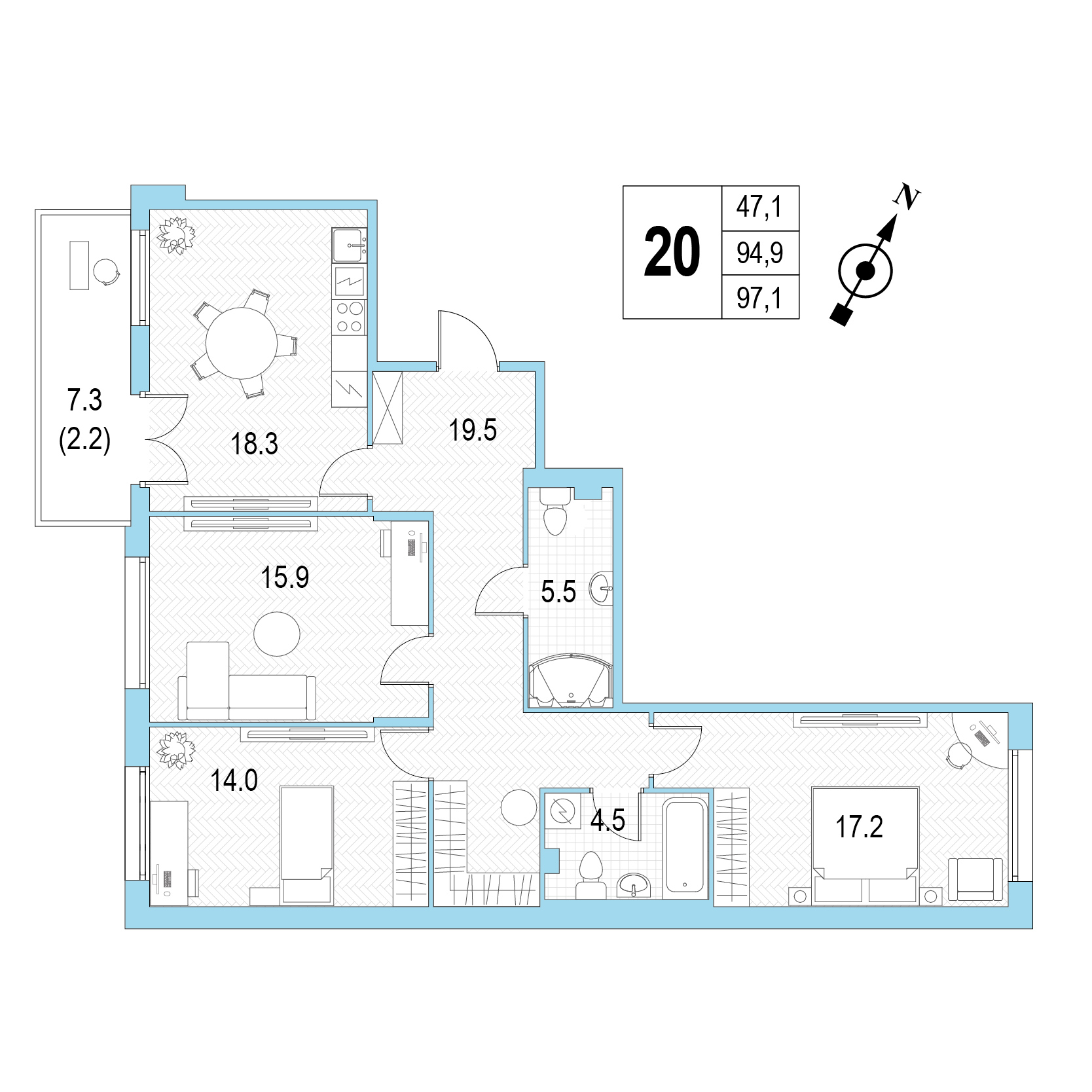 Трёхкомнатная квартира №20 фото