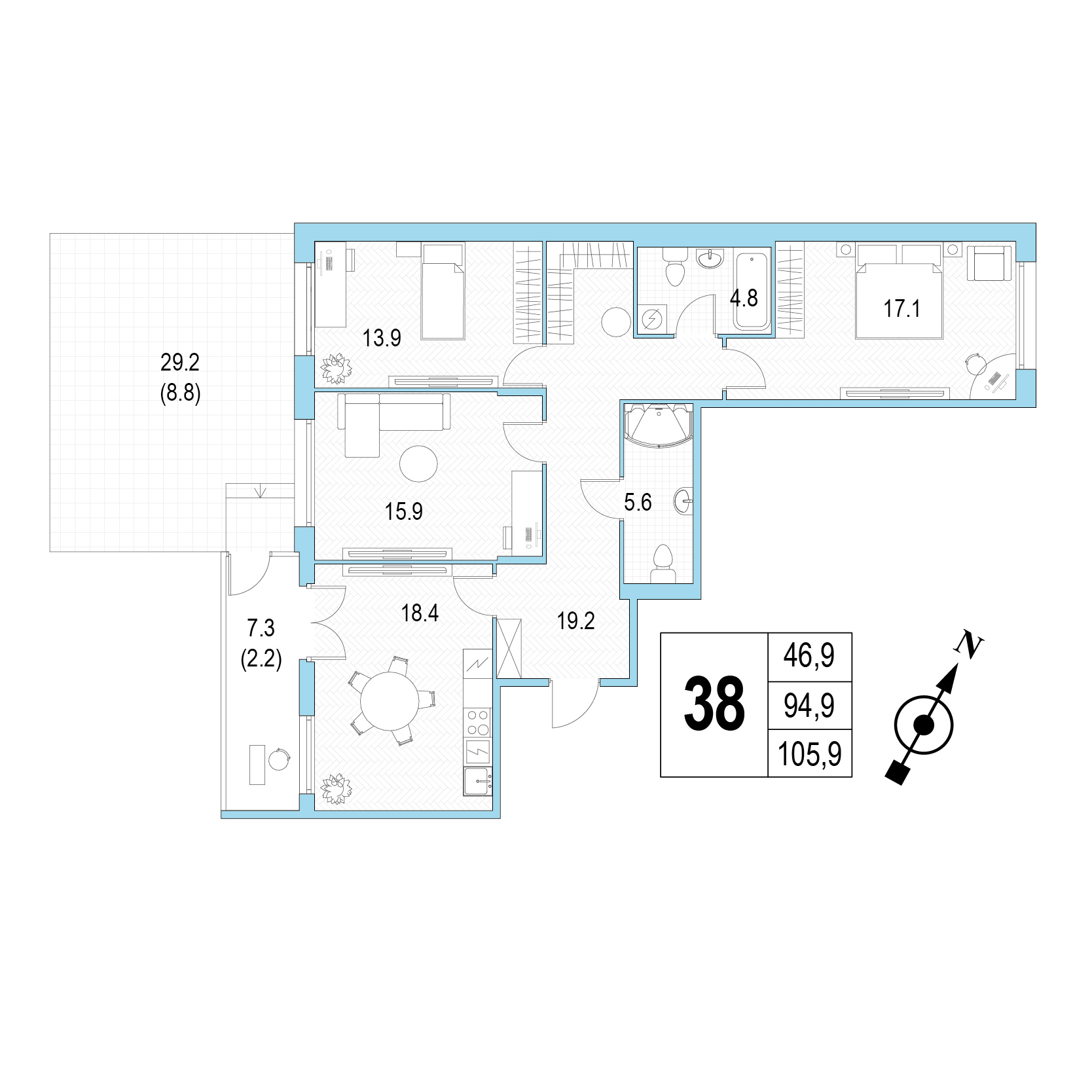 Трёхкомнатная квартира №38 фото