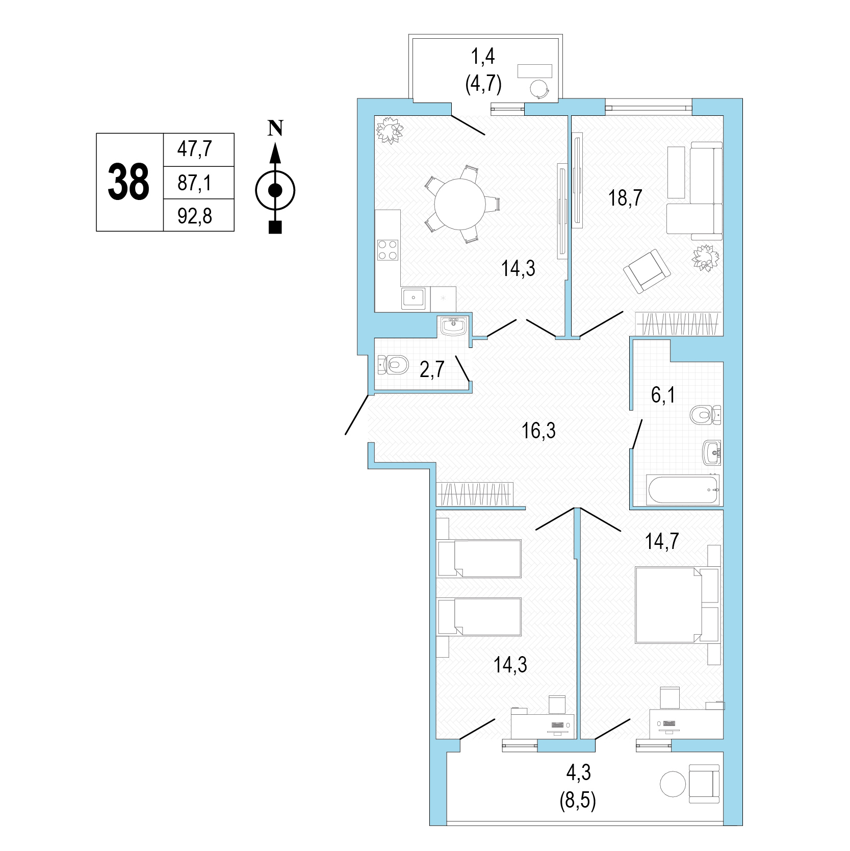 Трёхкомнатная квартира №38 фото