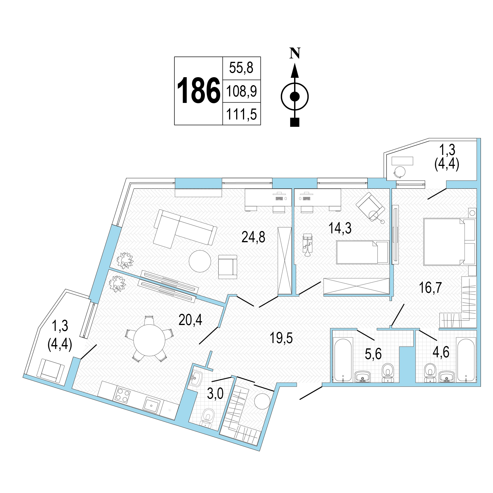 Трёхкомнатная квартира №186 фото