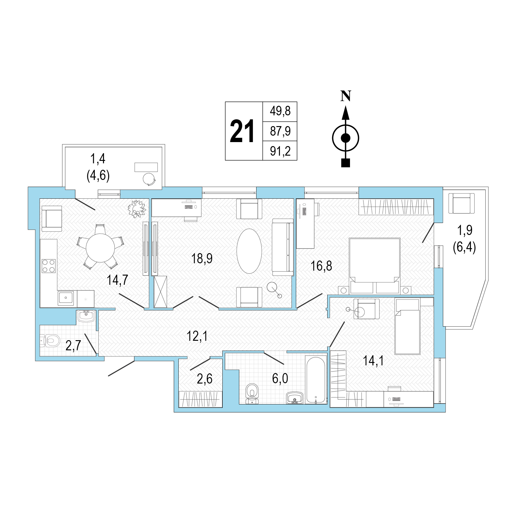 Трёхкомнатная квартира №21 фото