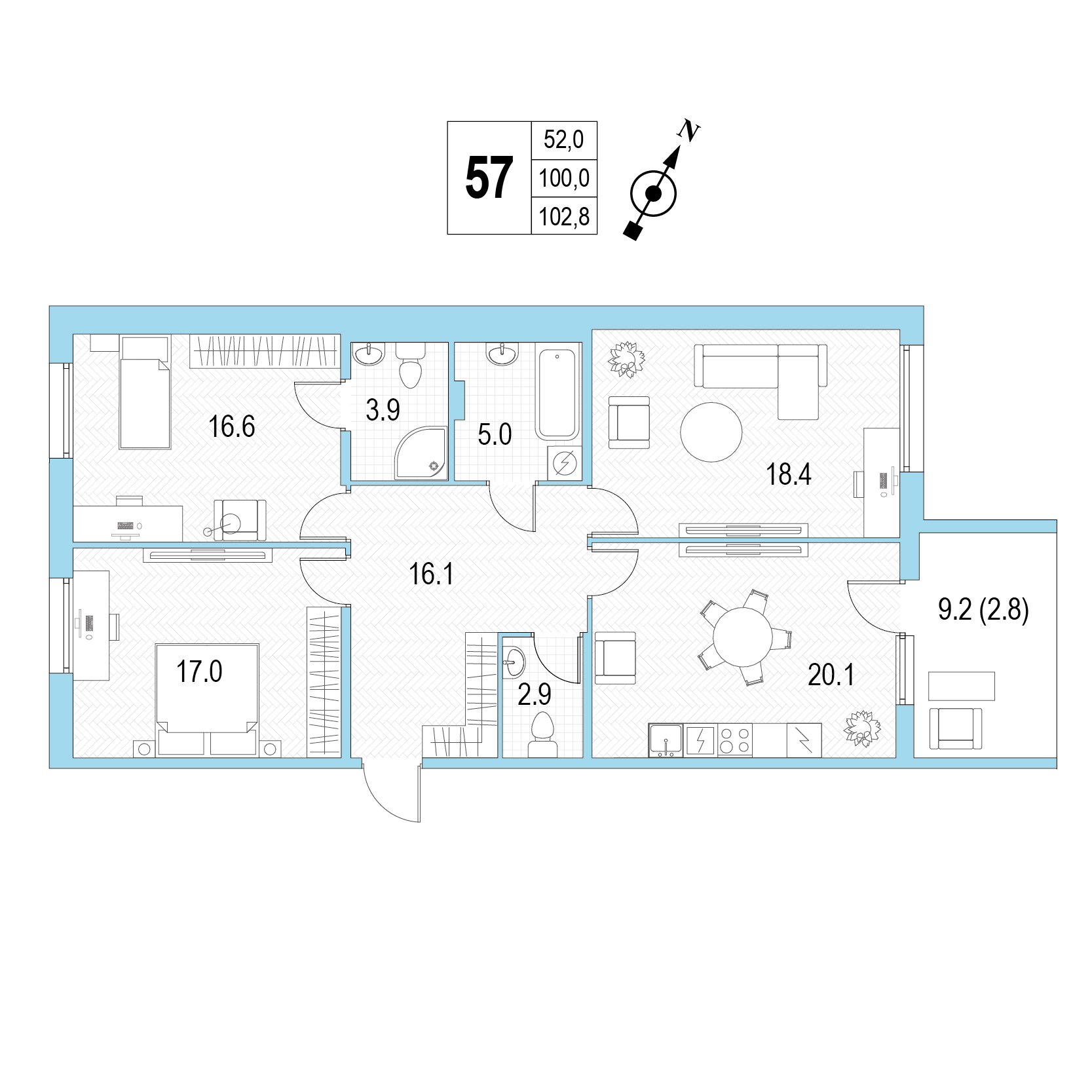 Трёхкомнатная квартира №57 фото