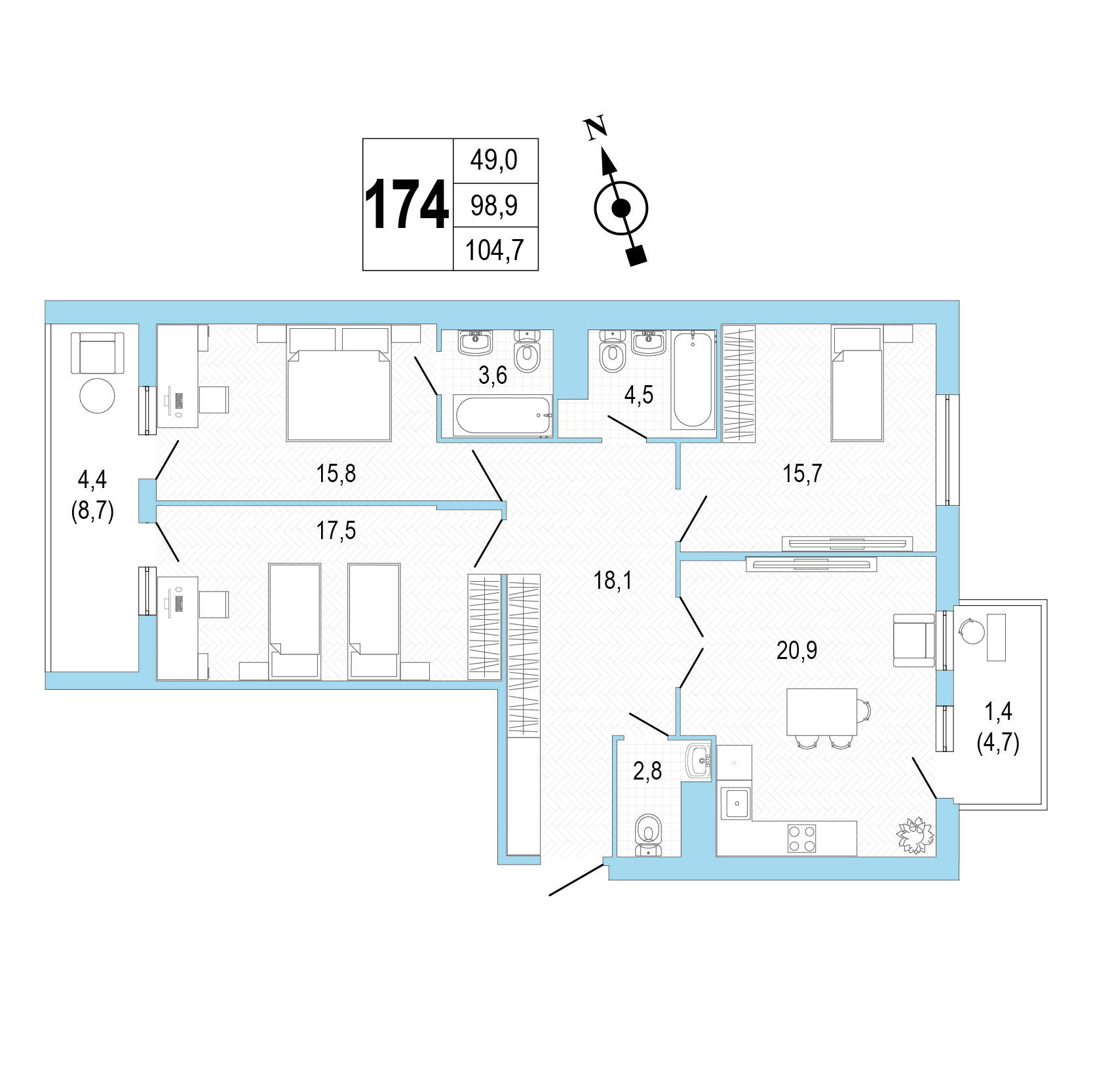 Трёхкомнатная квартира №174 фото