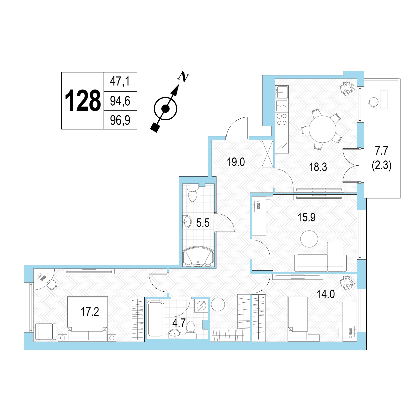 Трёхкомнатная квартира №128 фото