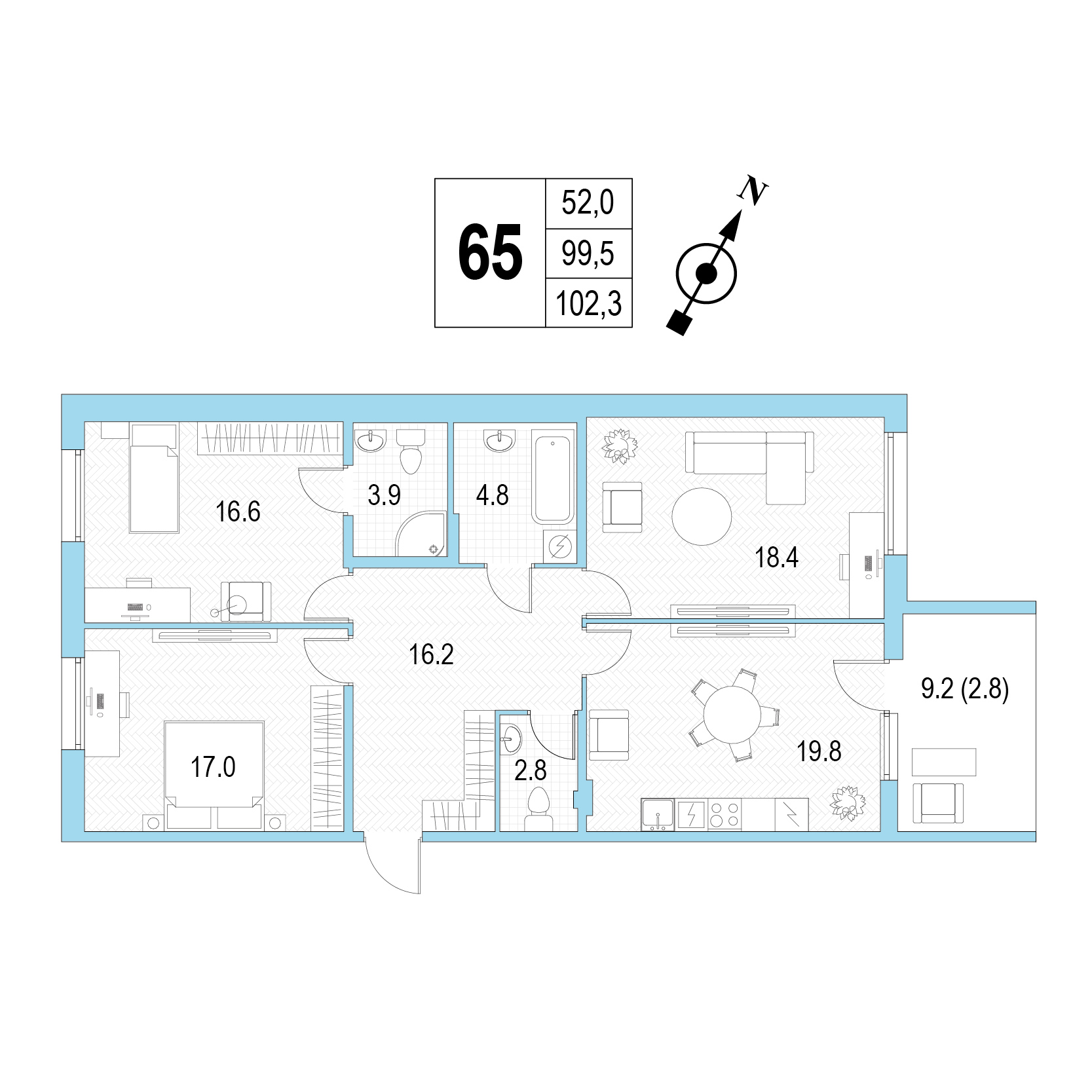 Трёхкомнатная квартира №65 фото