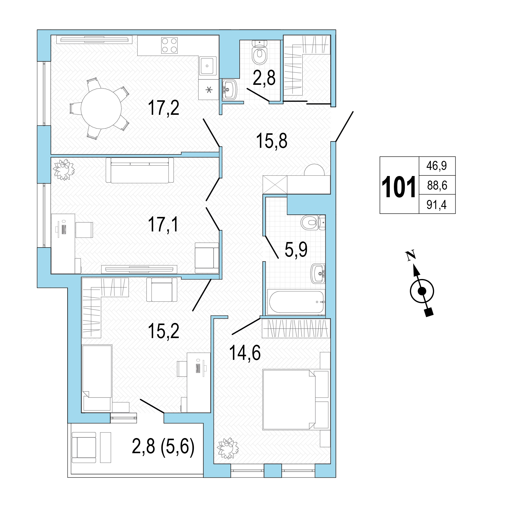 Трёхкомнатная квартира №101 фото