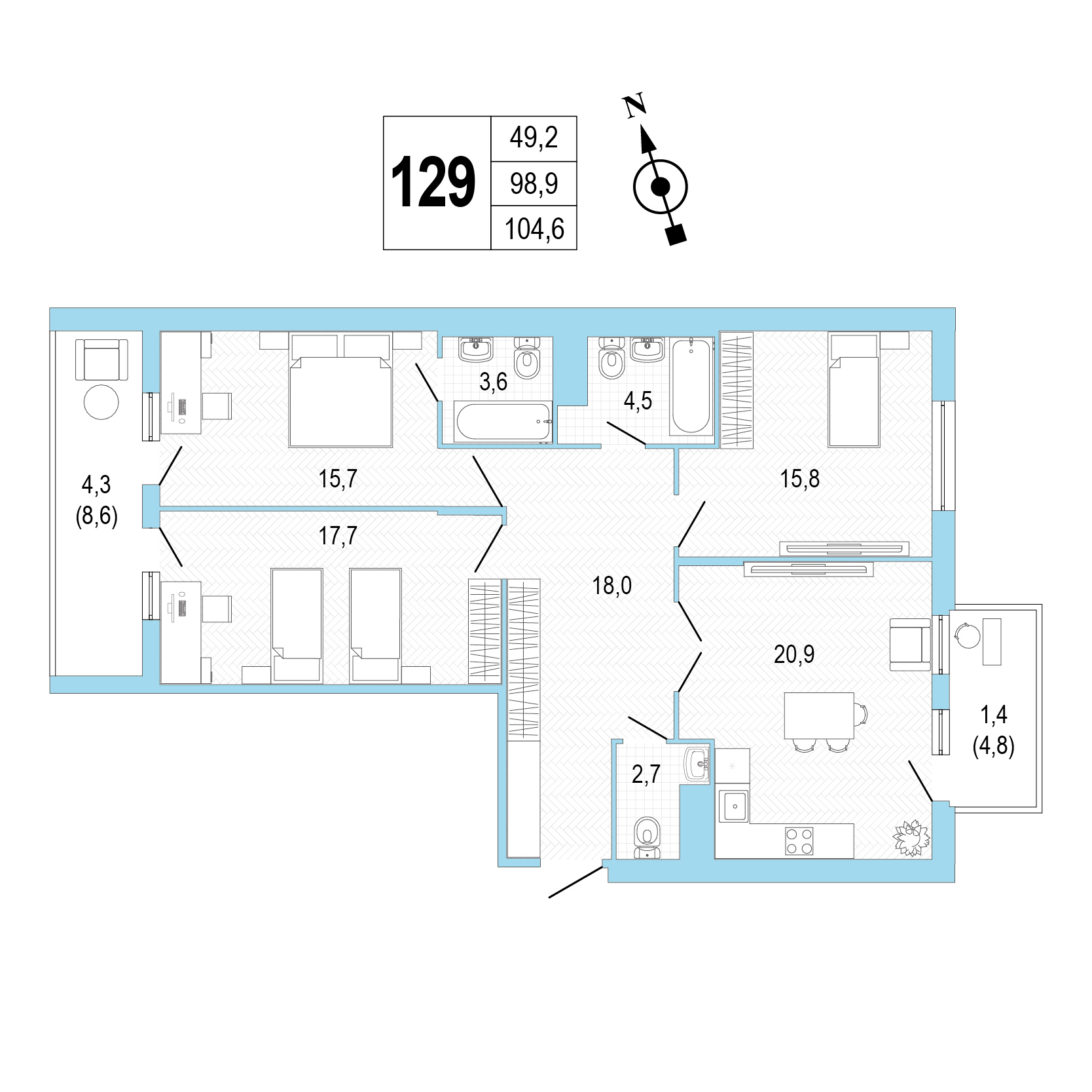 Трёхкомнатная квартира №129 фото