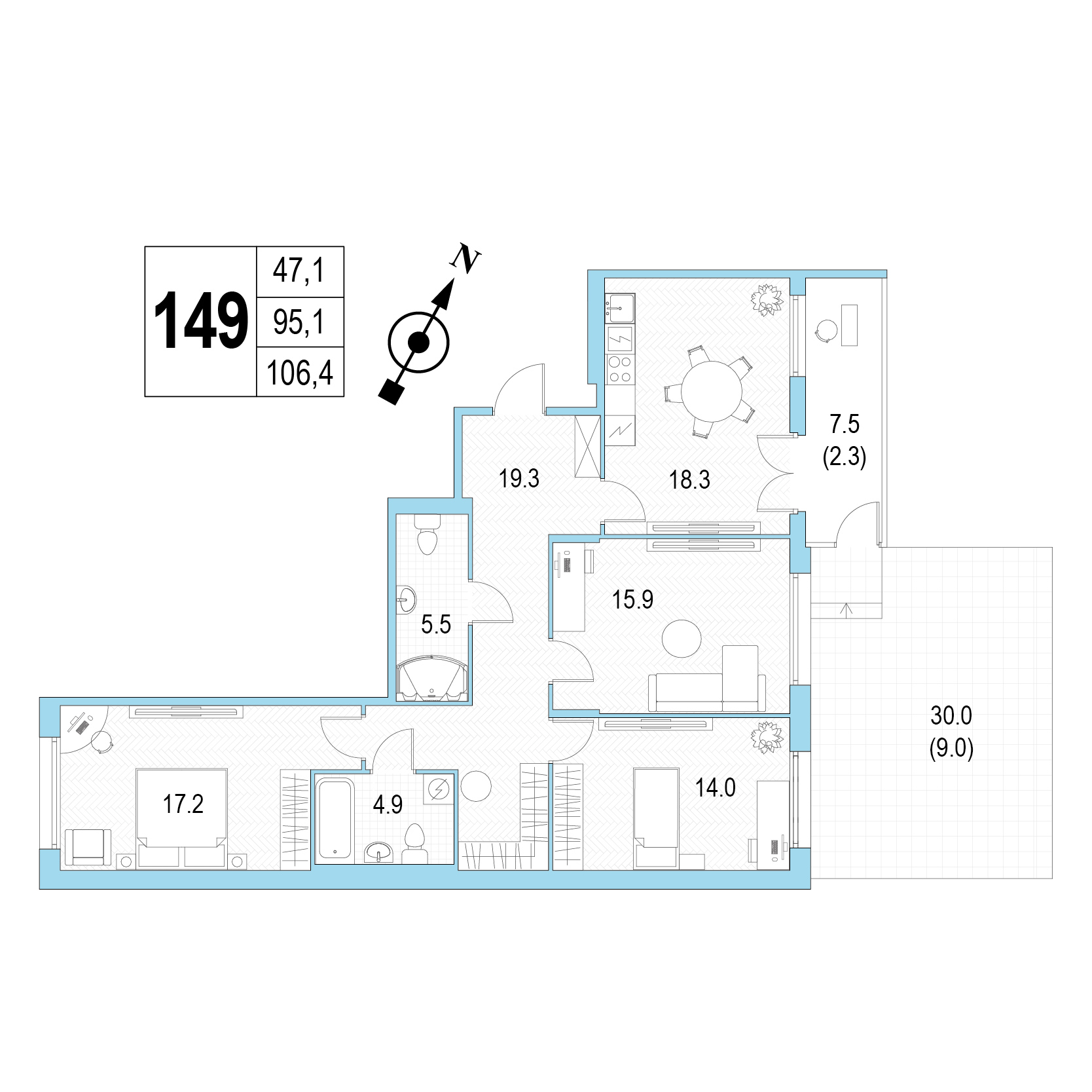 Трёхкомнатная квартира №149 фото