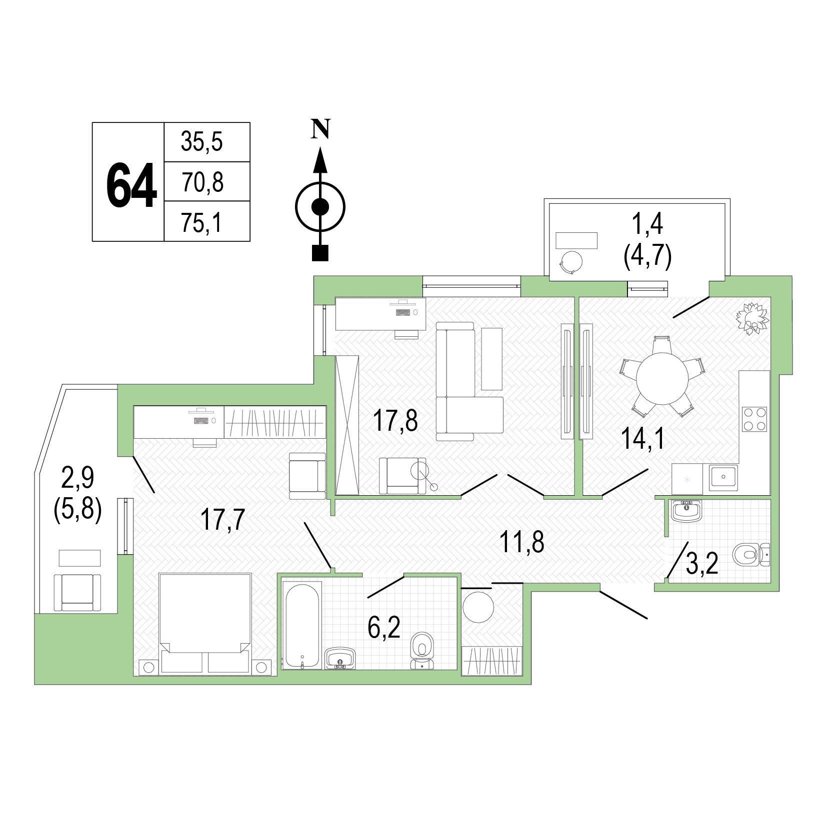 Двухкомнатная квартира №64 фото