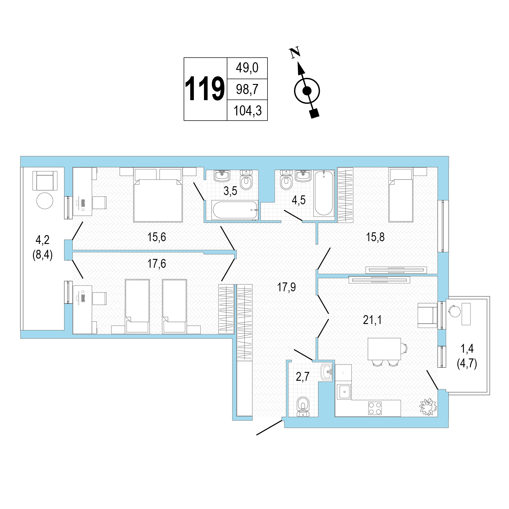 Трёхкомнатная квартира №119 фото