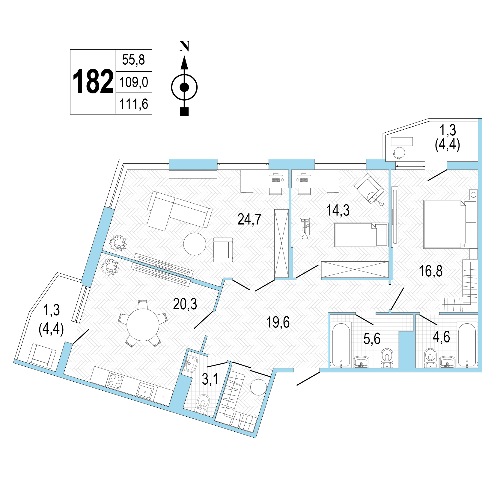 Трёхкомнатная квартира №182 фото