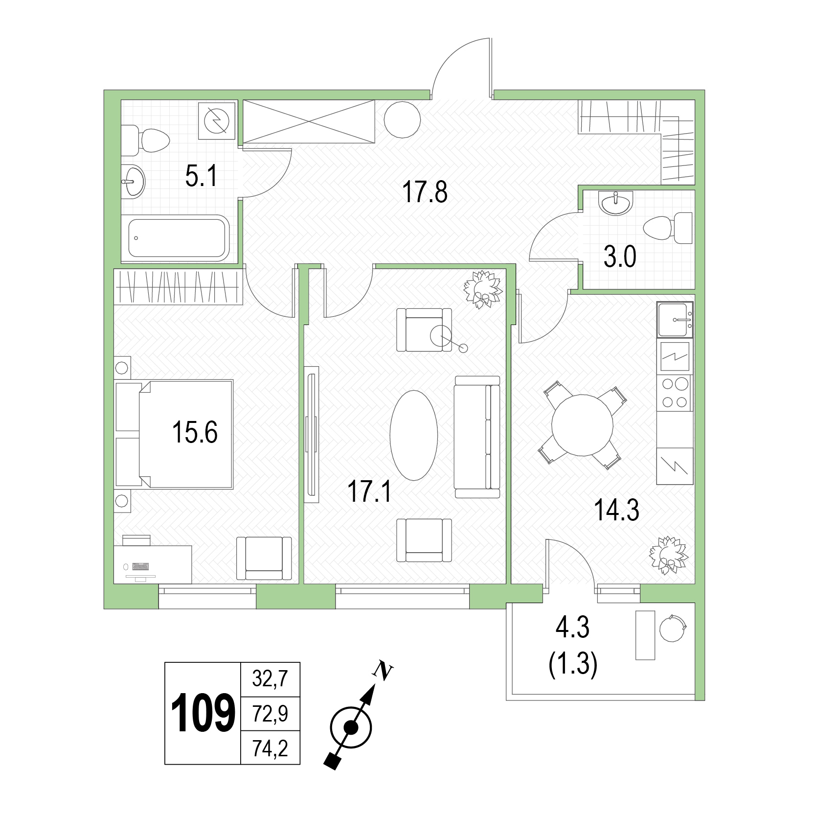 Двухкомнатная квартира №109 фото