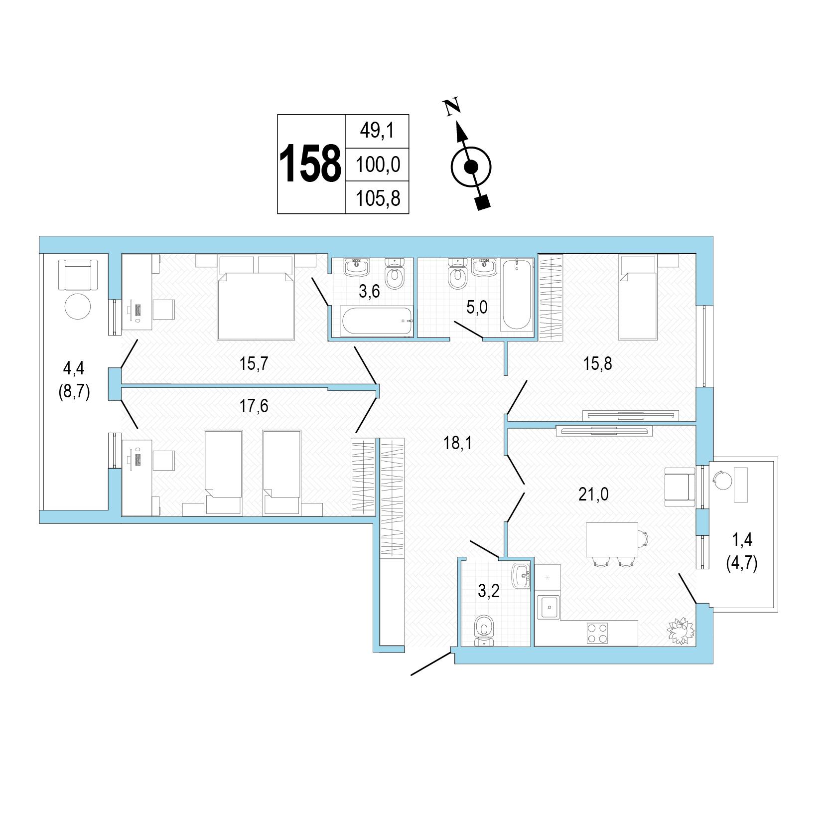 Трёхкомнатная квартира №158 фото
