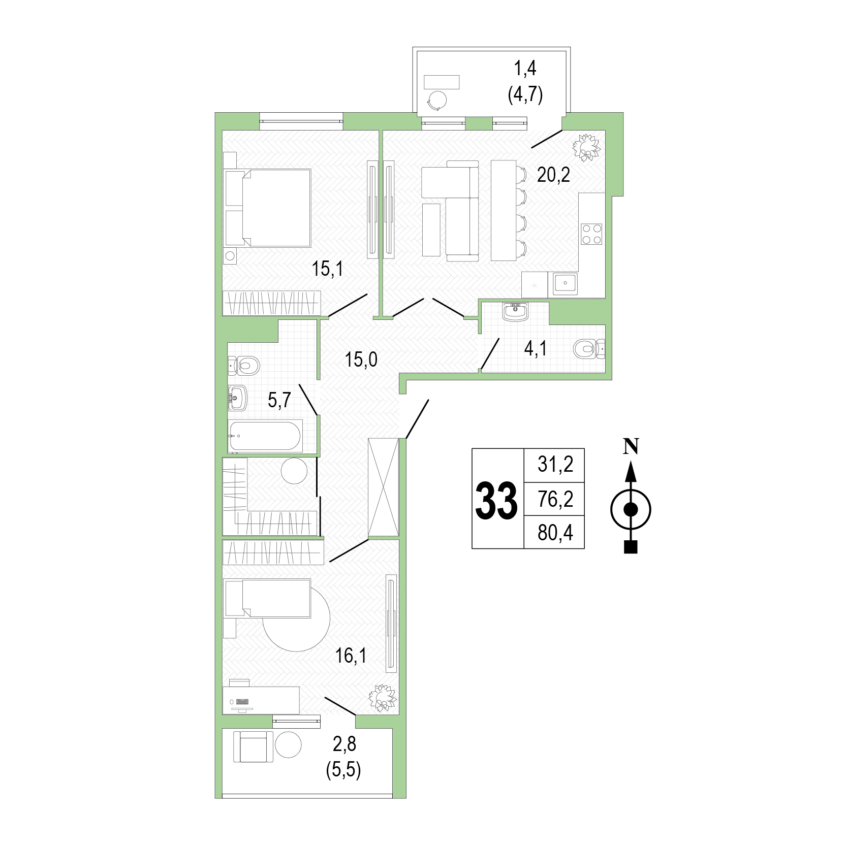 Двухкомнатная квартира №33 фото