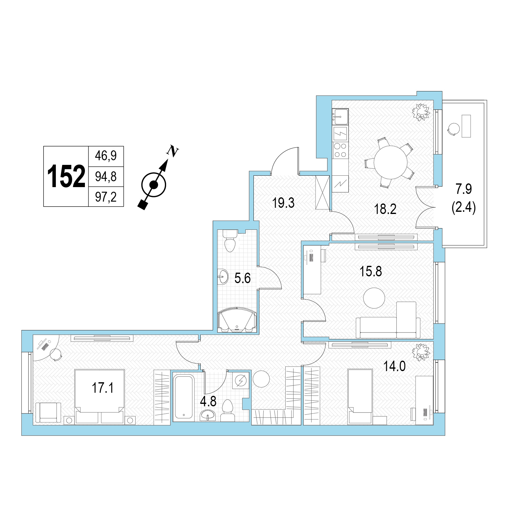 Трёхкомнатная квартира №152 фото
