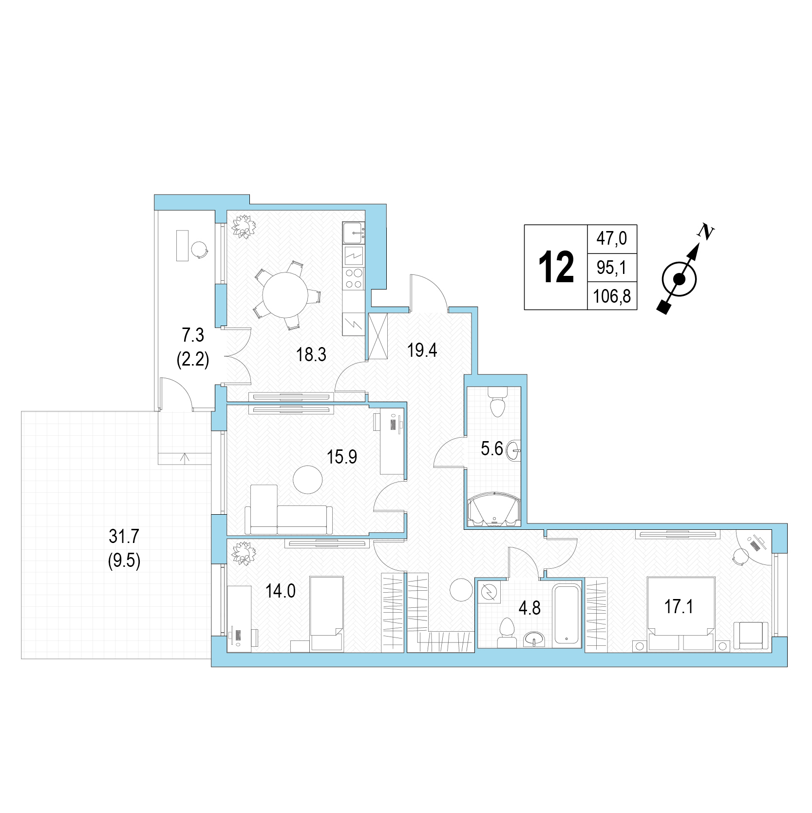Трёхкомнатная квартира №12 фото