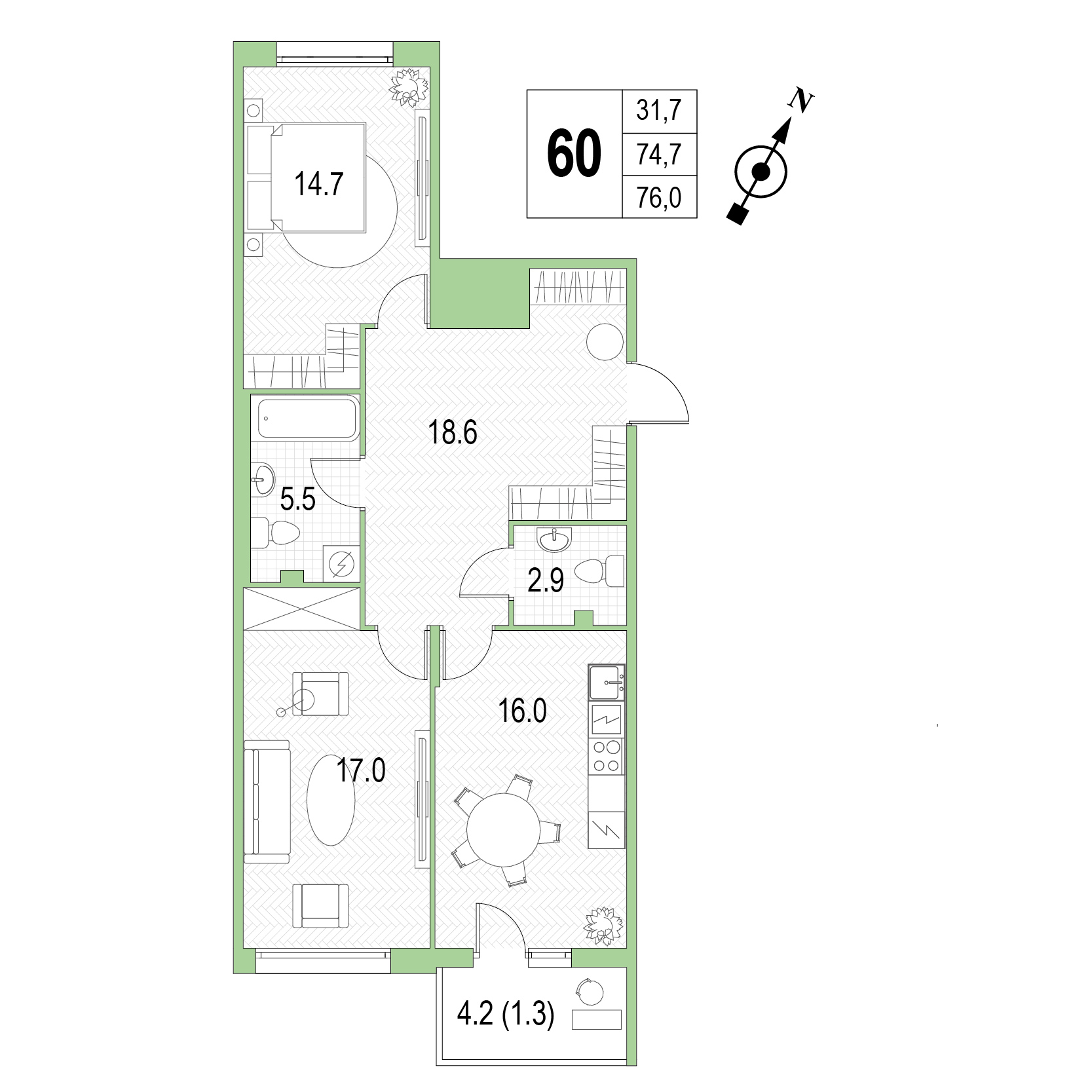 Двухкомнатная квартира №60 фото