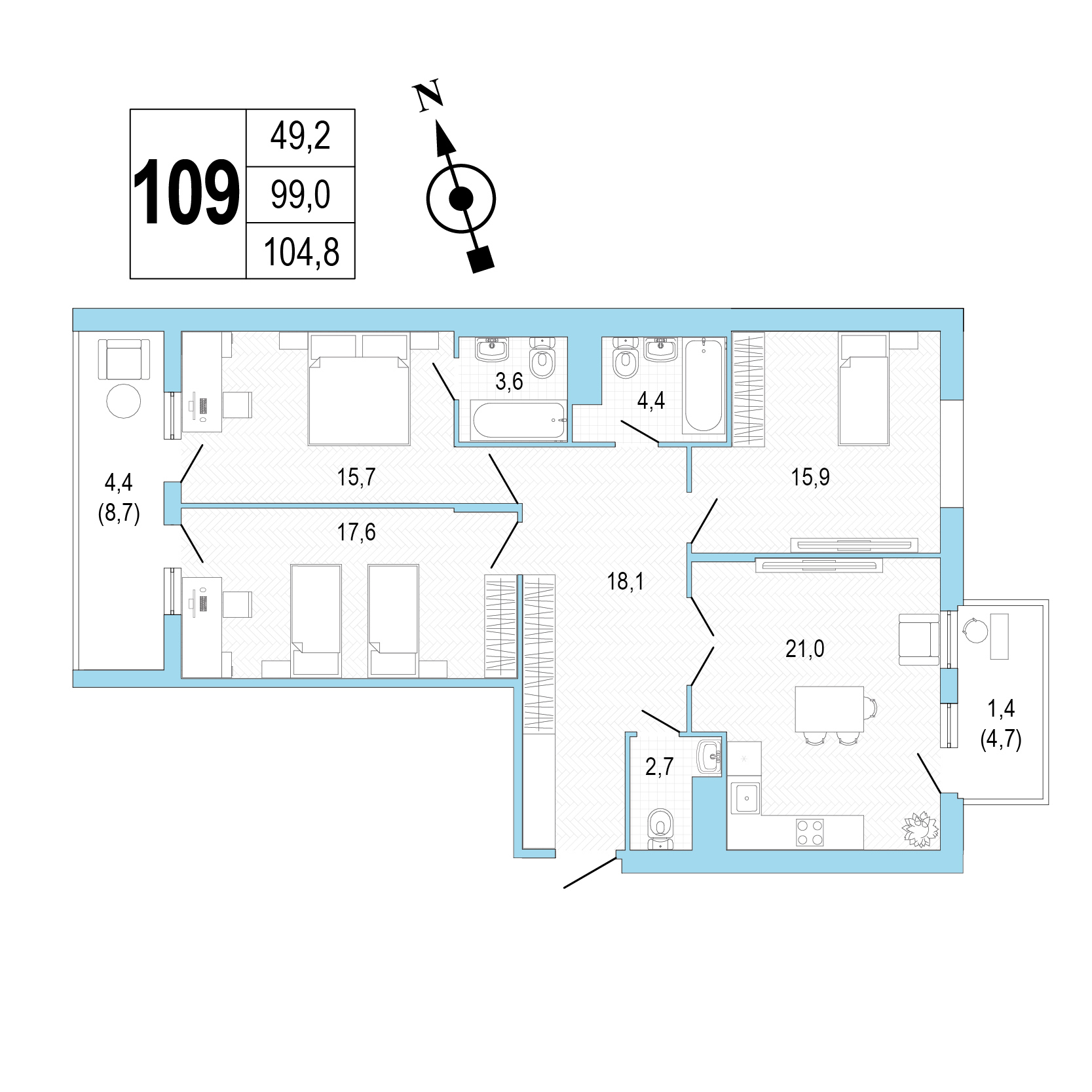 Трёхкомнатная квартира №109 фото