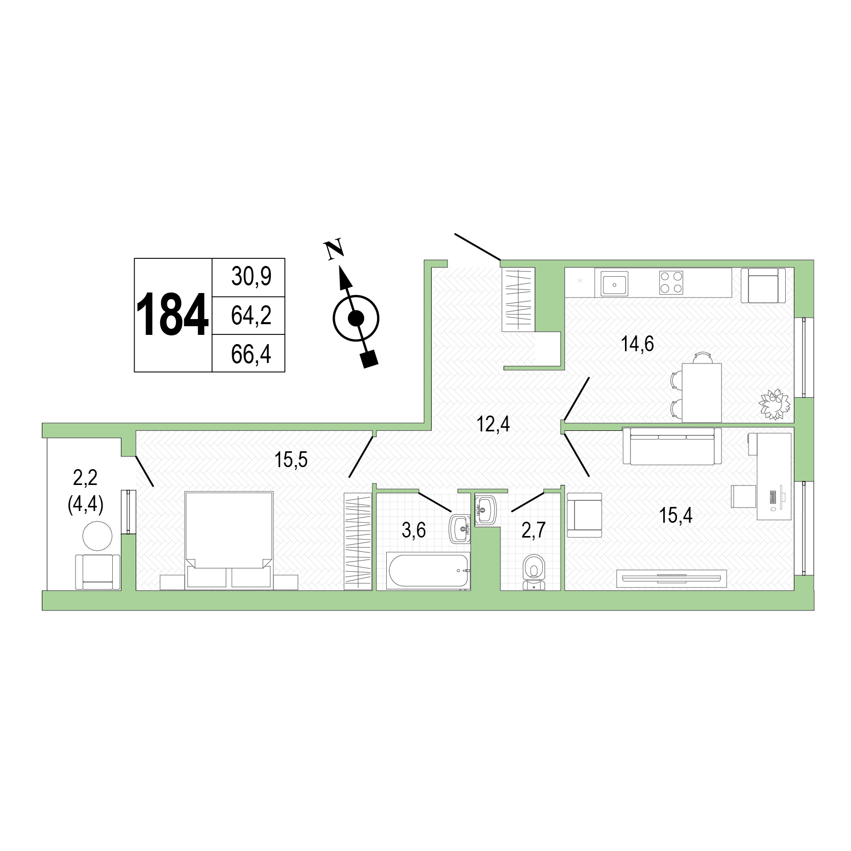 Двухкомнатная квартира №184 фото