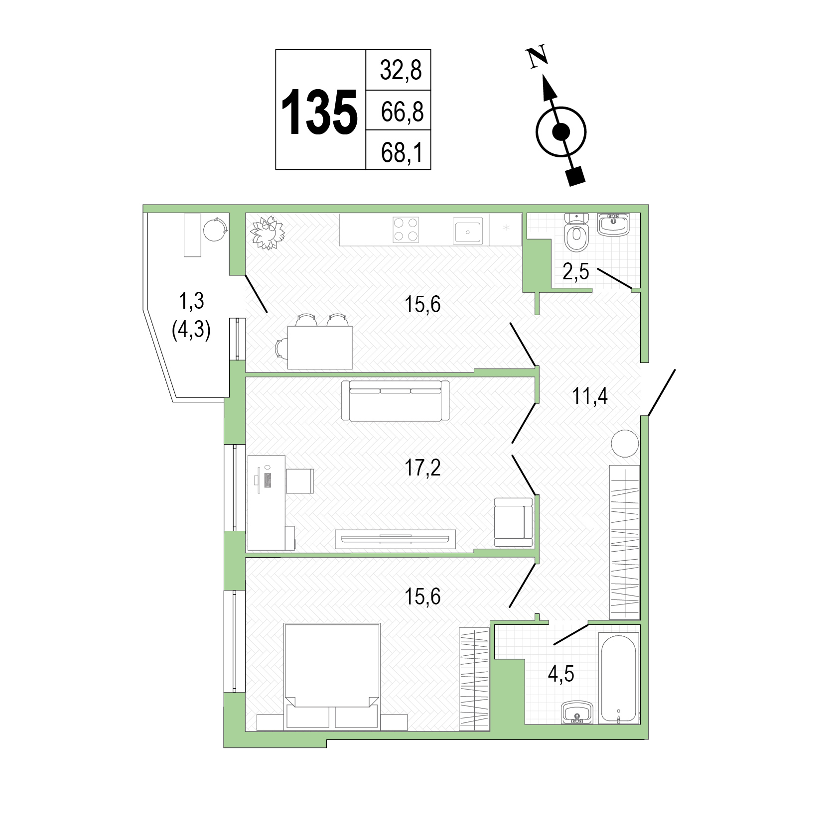 Двухкомнатная квартира №135 фото