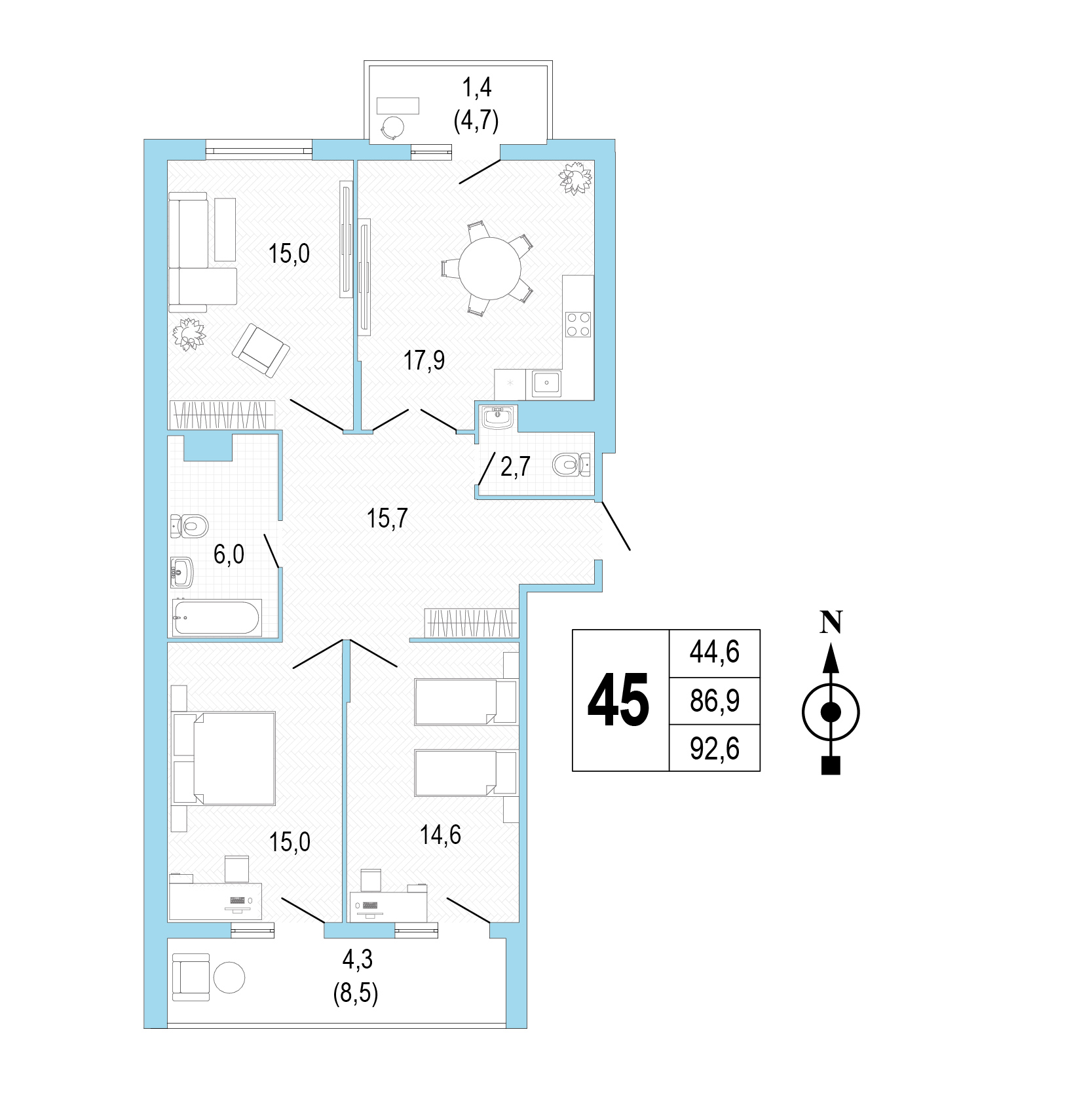 Трёхкомнатная квартира №45 фото