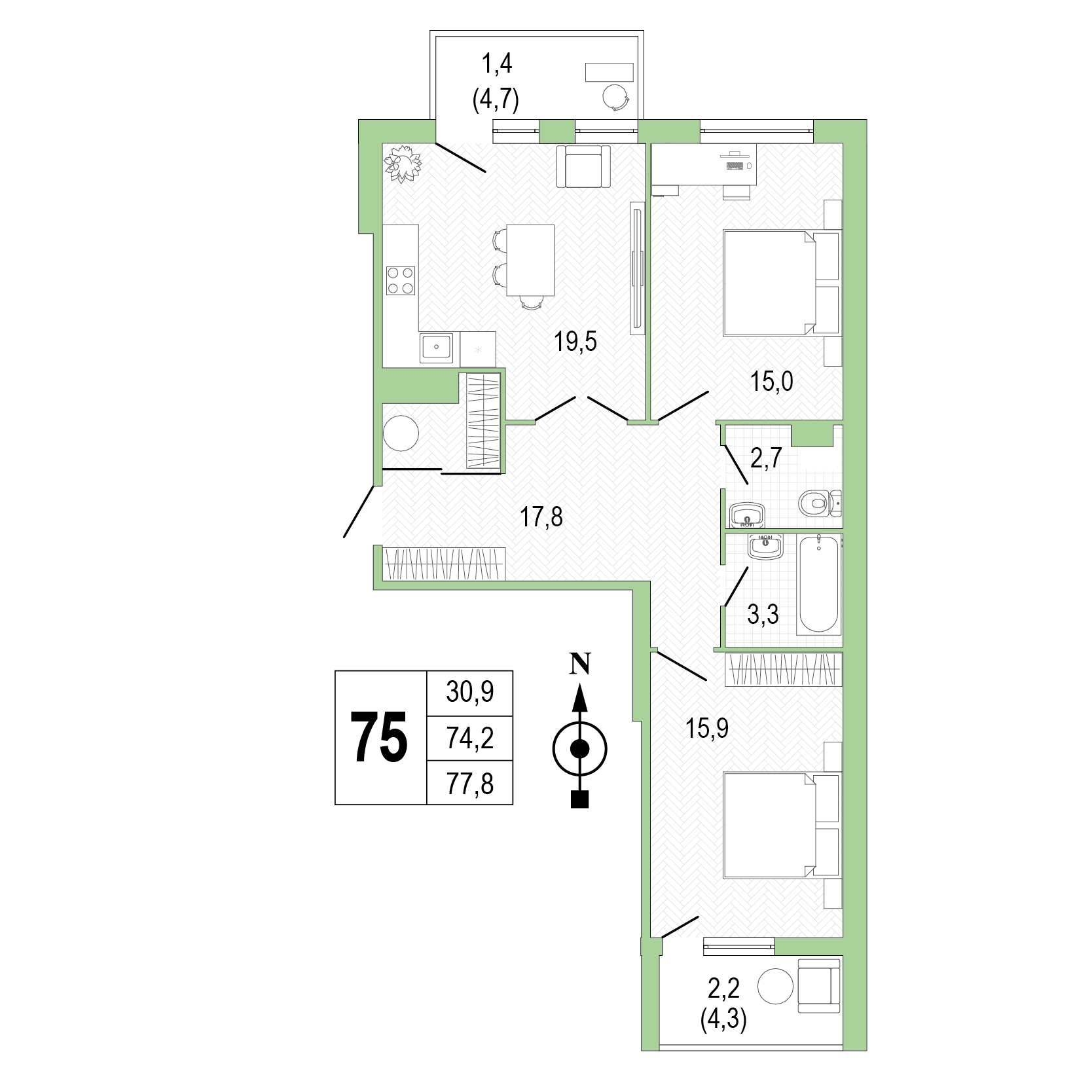 Двухкомнатная квартира №75 фото