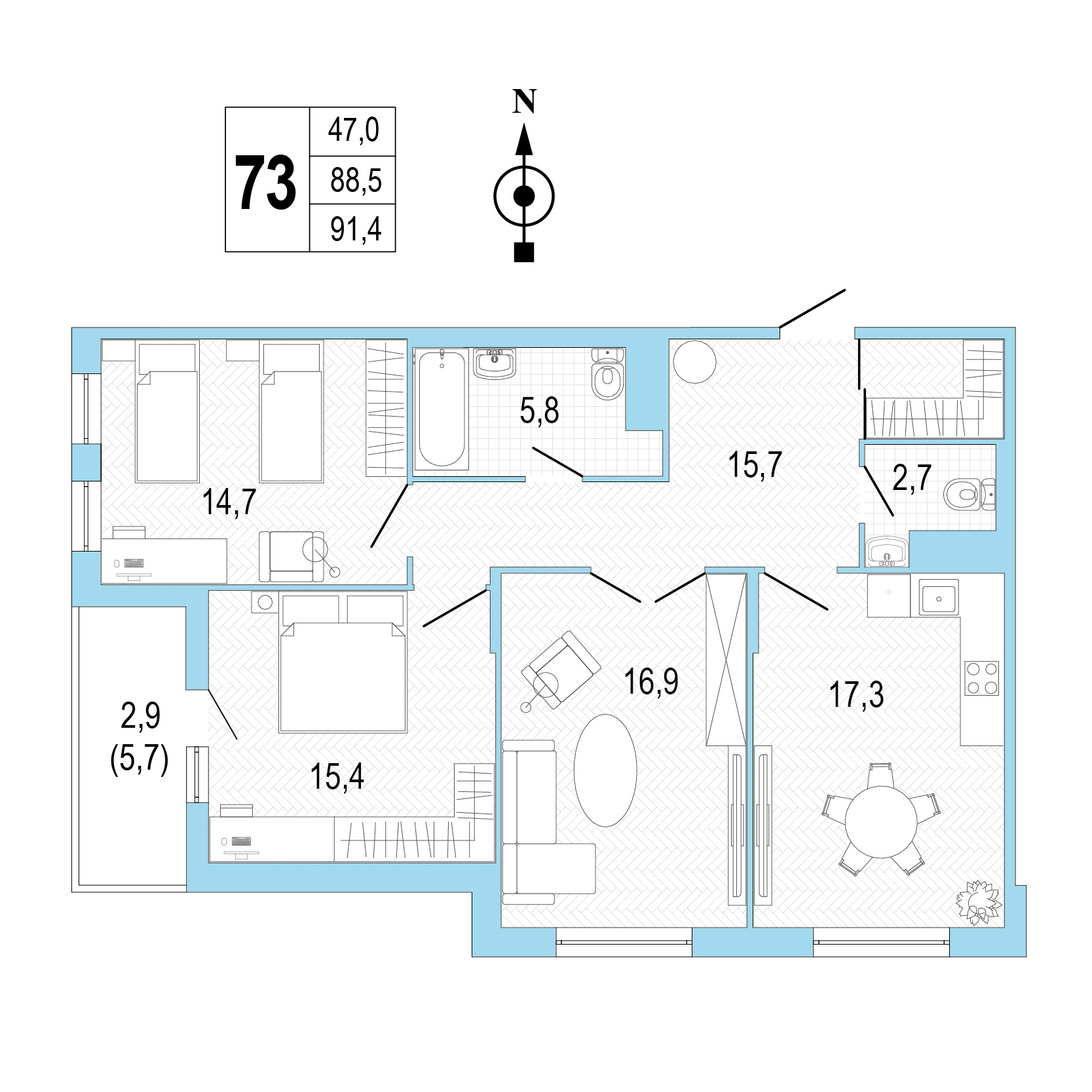 Трёхкомнатная квартира №73 фото