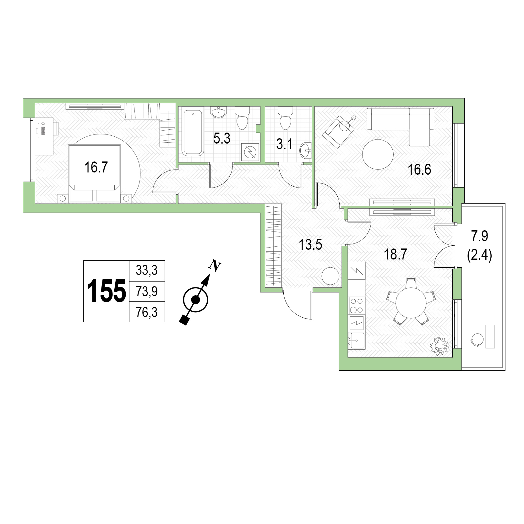Двухкомнатная квартира №155 фото